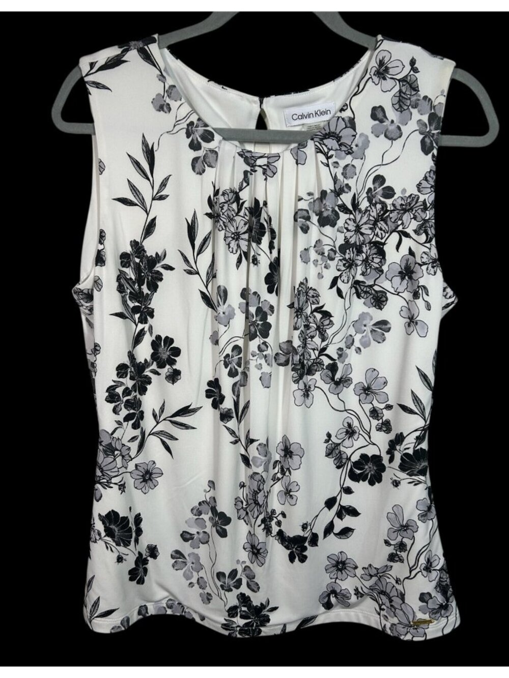 Calvin Klein Women's Size L Floral Print Sleeveless Top Black/White Keyhole Back